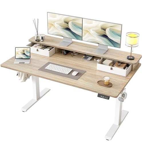 Image of TIQLAB Standing Desk with Two Drawers, Stand Up Standing Desk Adjustable Height, Electric Sit Stand Table with Storage Shelf and Splice Board, 55 * 28 inch, Maple