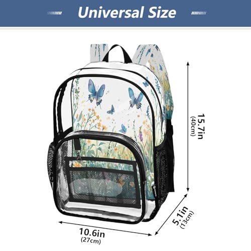 Wildflowers and Butterflies Clear Backpack - Stadium Approved Large 15.7-inch Waterproof Transparent Bag for Sports, Concerts, Work, Travel#2964
