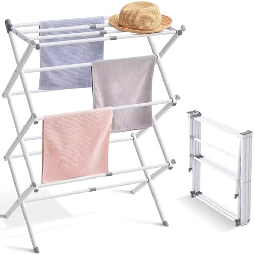 Image of ANTARYAMI 3-Tier Expandable Collapsing Foldable Laundry Drying Rack Cloth Drying Stand Balcony Stainless Steel Window Stand Bathroom Garden Indoor Outdoor Space-Saving (White)