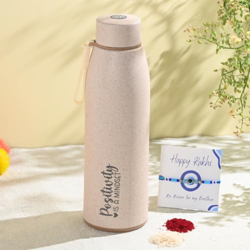 Image of Eha Earth Friendly Rakshabandhan Gift Made with Rice Husk| 600 ml, Set of 1 | Printed Bottle, Rakhi, Keychain, Roli Chawal and Card| Rakhi bottle gift for brother | Rakhi Hamper