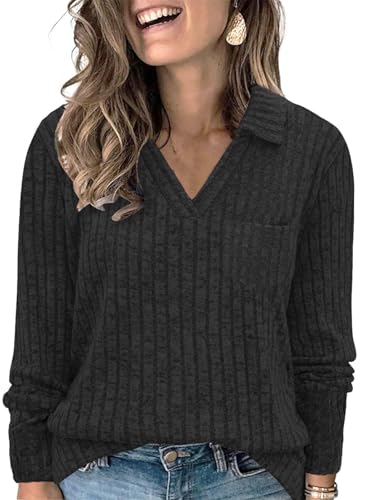 Image of VISLILY Womens-Plus-Size-Tops Collared V Neck Polo Shirts Lightweight Long Sleeve Sweaters Trendy Pocket Decor Tunic Blouses