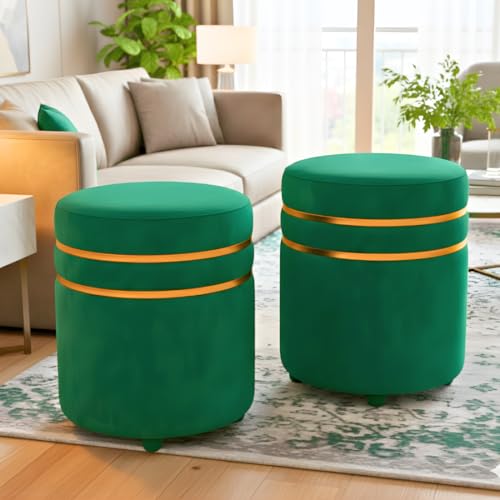 Image of Decorative Ottoman Pouffes for Sitting - Two-Piece Set of Puffy Stools and Footstools - Round Ottoman Stool for Living Room Furniture (Green)