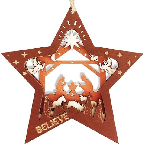 Nativity Scene Ornaments, Wooden Hanging Christmas Ornaments Star Shaped Nativity Scene Keepsake, Celebrate The Birth of Jesus Decoration, Gift for Family Friends Cover