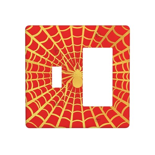 Decorative Outlet Covers Red Background with Golden Spiderweb Spider 2 Gang Outlet Cover Wall Plate Single Toggle Rocker Light Switch Cover Plate Switch Plate Covers for Home Decor