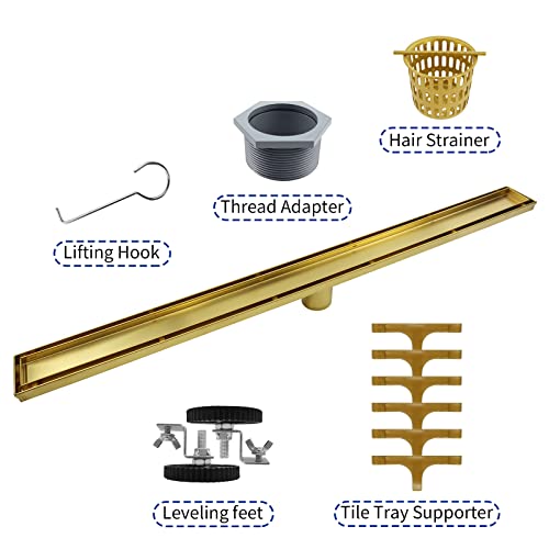 Image of Linear Shower Drain 36 inch, Brushed Gold Floor Drain with Tiled Insert Grate & Hair Strainer, 304 Stainless Steel Bathroom 2-in-1 Tiled in Drain, CUPC Certified (Brushed Gold, 36'')