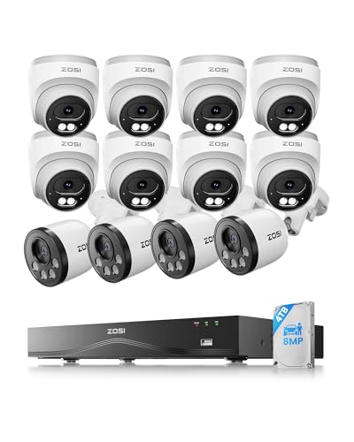 ZOSI 4K Kit Cámaras de Vigilancia PoE Exterior 16CH Grabador NVR Sistema con 12x 8MP CCTV Cámara de Seguridad IP, Visión Nocturna, Detección y Alarma de Persona/Vehículo, 4TB Disco Duro Incluido