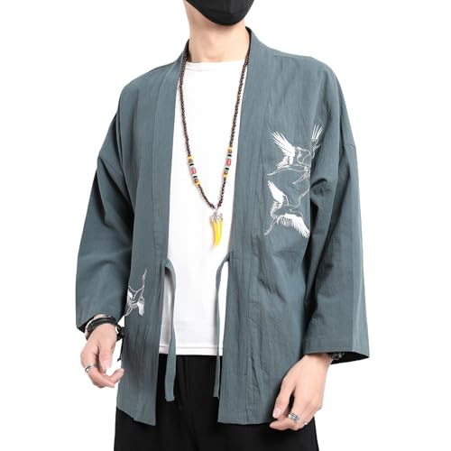 Image of Men's Japanese Kimono Cardigan Loose Cotton Linen 3 /4 Sleeve Open Front Casual Summer Shirt Jackets
