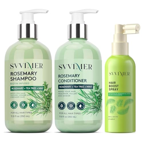 Svvimer Rosemary Shampoo and Conditioner Plus Hair Boost Spray Set - Hair Volumizing Thickening Products - 3 Products