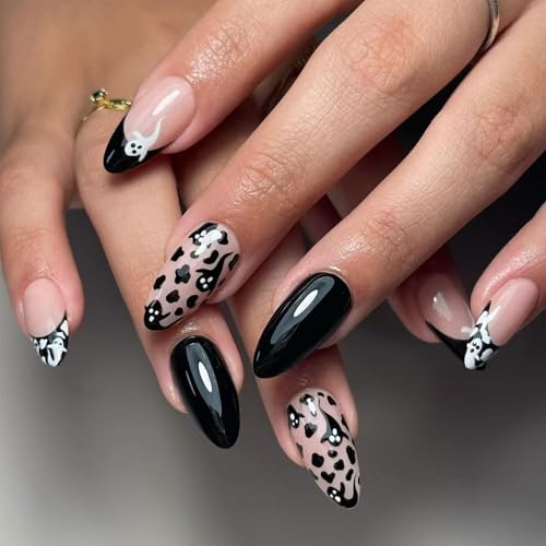 24Pcs Halloween Black Ghost Press on Nails Almond Medium Halloween