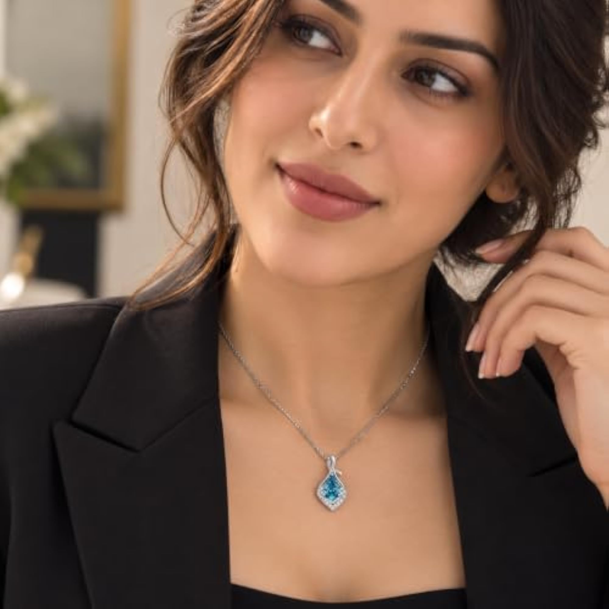 Women's Silver Teal Kite Drop Pendant Necklace, Gift Ready