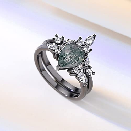 Pear Cut Moss Water Grass Stone Stackable Ring Set with Black Gold Plating and Sparkling Zircon - Customize a Ring4