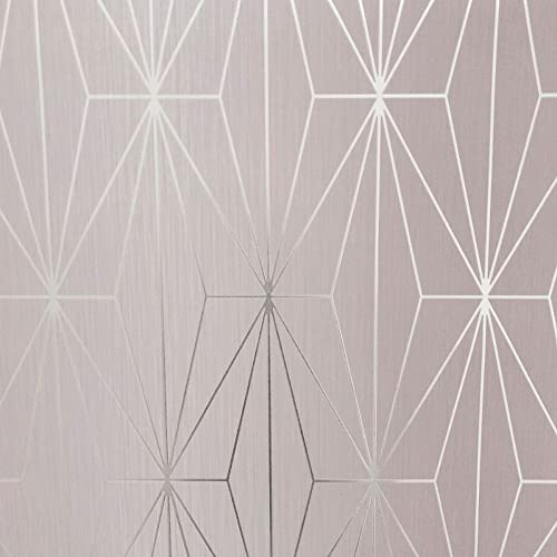 Muriva Kayla Metallic Geometric Diamond Triangles Vinyl Wallpaper Shiny Embossed Heavyweight 10m Roll Blush & Silver 703012