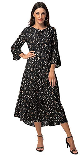 Viishow Bohemian V Neck Floral Print Ruffle Vintage Flowy Beach Vacation Long Midi Boho Dress(Floral Black,Small) #TOP2