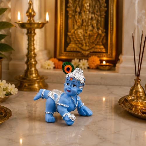Image of Gold Art India 999 Silver Plated Blue Laddu Gopal Idol | Premium Velvet Gift Box | Bal Krishna Murti for Home Temple & Office | 2.5 Inch