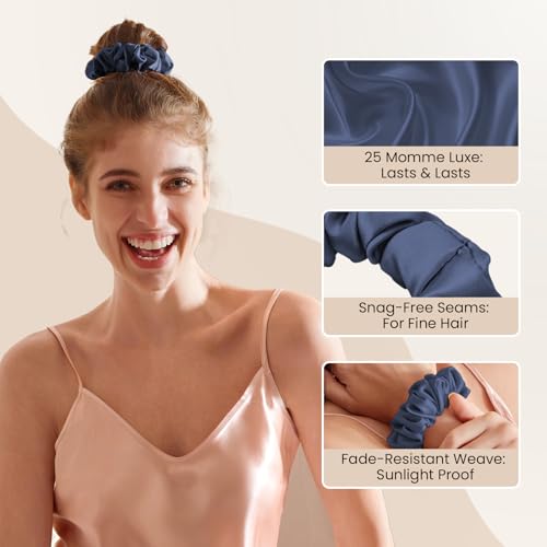 Image of THXSILK 100% Mulberry Silk Chunky Scrunchies 3-Pack, 25 Momme Mulberry Silk Hair Ties for Women, Thick Voluminous No Damage Hair Ties, Ponytail Holders for All Hair Types, Navy Blue