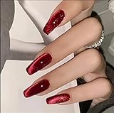 QQPPOLIU Red Press on Nails Coffin Shape Fake Nails Long False Nails with Cat Eye Design Glitter Glue on Nails for Women 24PCS