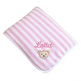 Steiff Babydecke mit Ihrem Wunsch-Namen Bestickt aus Nicki-Velours rosa / weiß gestreift 90 cm x 60 cm personalisierte Nickidecke