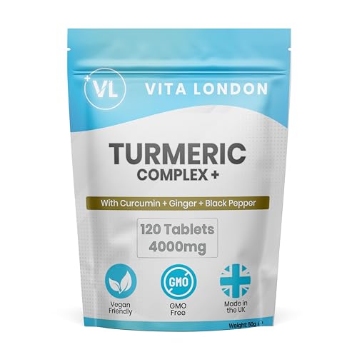 Turmeric Tablets 4000mg | Turmeric Supplement with Added Black Pepper & Ginger | 120 High Strength Curcumin Tablet (Gummies, Not Capsule or Powder) | Vegan, Made in UK