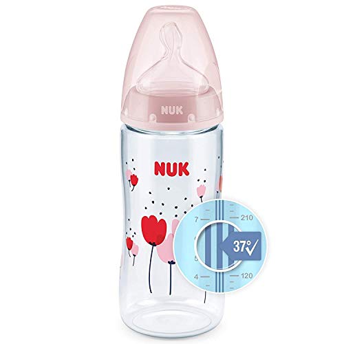 NUK First Choice+ Baby Plastic Bottles, Anti-Colic, 6-18 Months, with Temperature Control, Silicone Teat, BPA Free, Pink, 300 ml, 1 Count