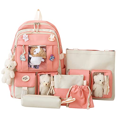 Sac à dos en toile rose avec trousse assortie et poche en maille pour l'école