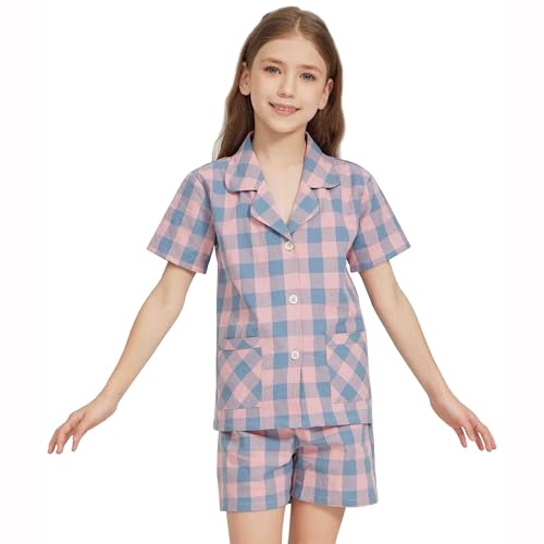 HiddenValor Girls Pajama Set, 2 Piece Cotton Button Down Short Sleeve Shorts Lounge Sleepwear With Pockets