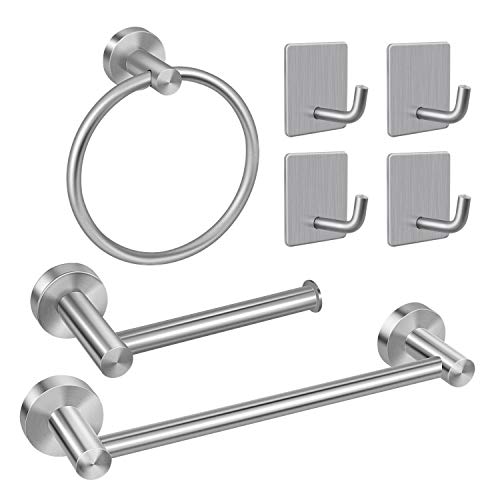 EAONE 7 Pieces Bathroom Hardware Accessory Set, 304 Stainless Steel Wall Mounted Towel Bar Toilet Paper Holder Towel Ring Holder and Adhesive Hooks, Brushed Nickel
