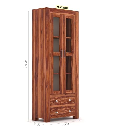 Image of Wood Book Shelf for Home Library | Wooden Book Shelf with Glass Door | Kitchen Crockery Cabinet, Almirah, Home Furniture, Books Rack, Book Stand, BookCases, Shelves, Honey Finish
