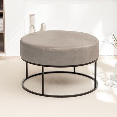BALIAA Modern Round Coffee Table, Farmhouse Ottoman Coffee Tables for Living Room, Large Vintage Leather Coffee Tables with Leather Upholstered Padded Seat [Round, Beige, 30''] Cover