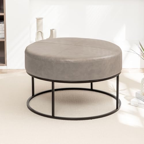 Image of Modern Round Coffee Table, Farmhouse Ottoman Coffee Tables for Living Room, Large Vintage Faux Leather Tables with Leather Upholstered Padded Seat [Round, Taupe, 30'']