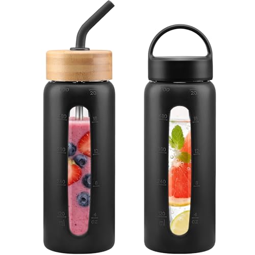HYDRAGLAZIC 600ML Trinkflasche aus Glas, Glasflasche mit 2 Deckeln und Strohhalm, Auslaufsichere Wasserflasche mit Zeitmarkierung und Messskala, BPA-Frei, für Büro & Fitness, Schwarz