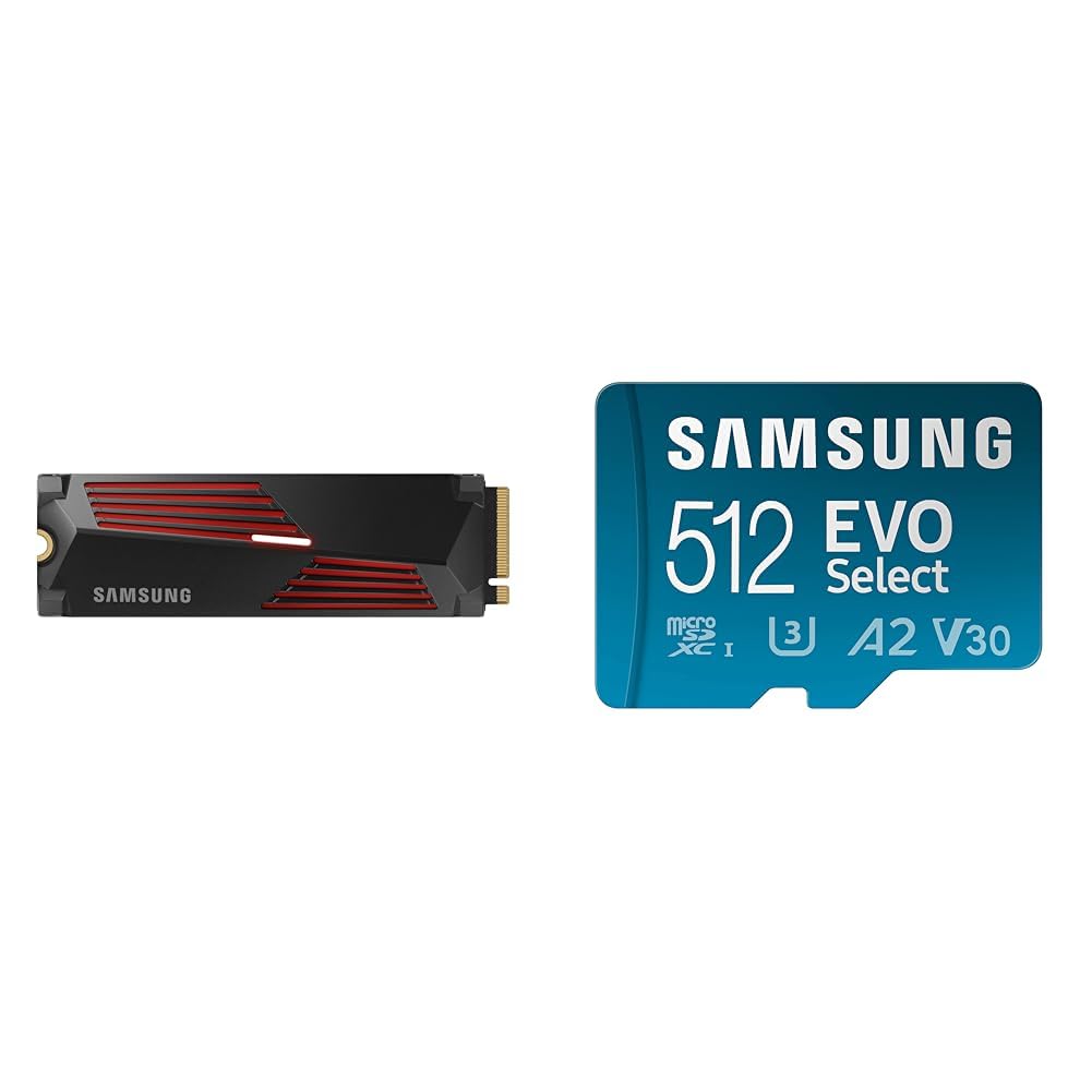 Samsung990 PRO Heatsink 2TB PCIe 4.0 NVMe M.2 Internal Solid State Drive & EVO Select 512GB microSDXC UHS-I U3 130MB/s Full HD & 4K UHD Memory Card inc. SD-Adapter, Blue