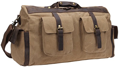 Iblue Heavy Duty Canvas Travel Bag Genuine Leather Trim Weekender Overnight Duffel Bag