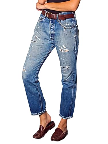 Flamingals Straight Leg Mid Rise Causal Ripped Demin Jeans Without Belt