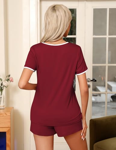 Image of Ekouaer Pajama Set for Women 2 Piece Lounge Set Short Sleeve Tops and Shorts Soft Sleepwear, Chest Pocket
