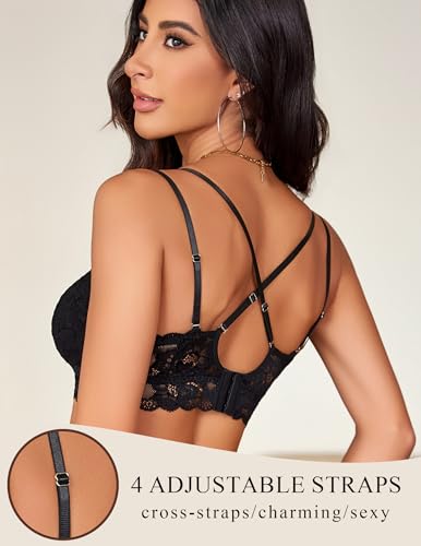 Image of Avidlove Bras for Women Floral Lace Bralettes Deep V Sexy Bras Cross Back Longline Bralette No Padded