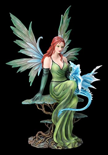 Elfen-Figur auf Weltenbaum mit blauem Drachen 51 cm | Fairy Statue