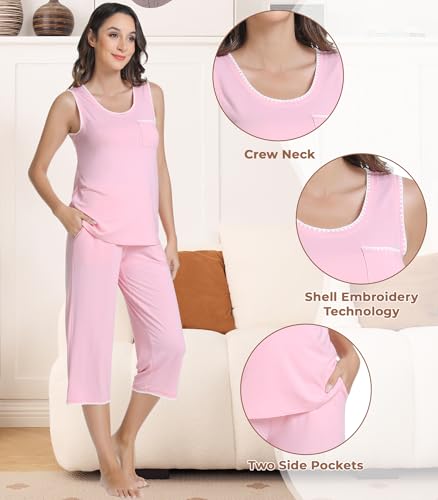Image of NACHILA Women's Pajamas Set-Viscose Made From Bamboo, Sleeveless Pj Tank Top Capri Pants Soft Sleepwear Cooling Sleep Sets