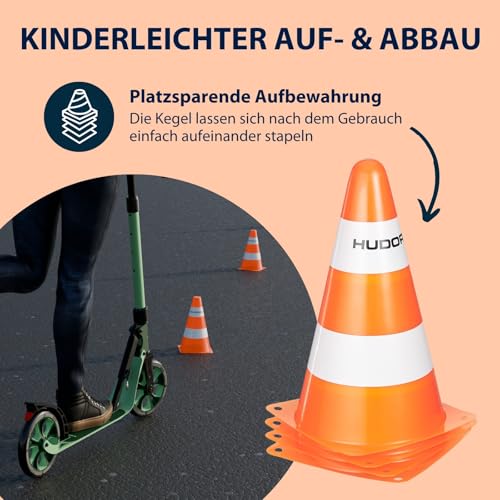 HUDORA Pylonen - 4 Stück - Stapelbare Verkehrskegel in Orange/Weiß - Hochwertige Verkehrshütchen - 23 cm hoch & 14 cm breit - Markierungskegel für Slalom, Radfahren, Dribbeln