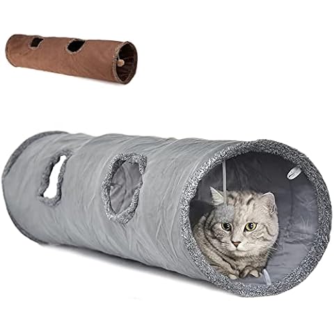 LeerKing Cat Tunnel Toy 12 Inches Collapsible Cat Play Tunnel Indoor Cats Large Suede Cat Tube Tunnel with Ball and Peek Hole for Rabbits Kittens Bunnies Puppy, 12×51 inches, Grey Cover