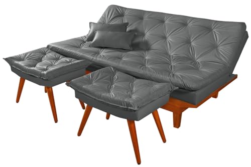 Sofa Cama Caribe Em Courino Couro Sintetico + Duas Banquetas (Cinza)