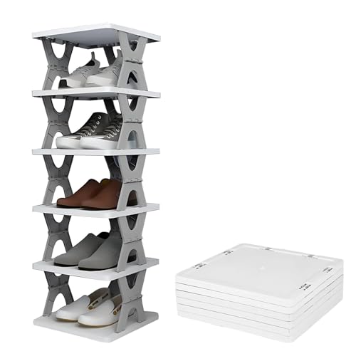 Image of Zureni Stackable Shoe Rack 6-Tier Foldable and Adjustable Footwear Organizer Portable & Expandable Storage Shelf for Home Slippers & Sandals (Grey,Pack of 1)