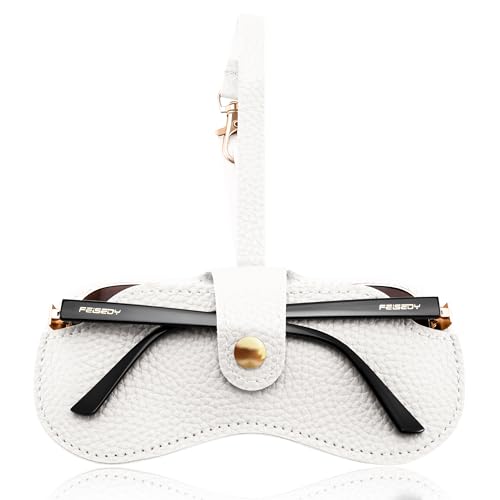 FEISEDY Soft Leather Sunglass Case-Slim Portable Glasses Holder with Button-Closure Wrist Strap for Travel & Outdoor B0308 White