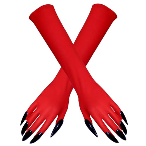 PENTA ANGEL Claw Gloves Long Finger Nails Gloves Halloween Goth Paw Devil Witch Claw Glove for Women Costume (Red One Size)