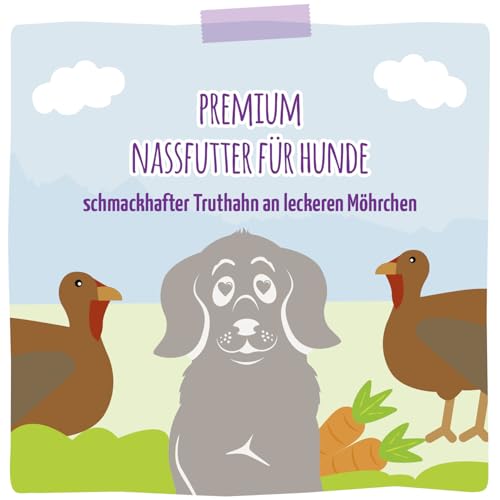 MjAMjAM - Premium Nassfutter für Hunde - schmackhafter Truthahn an leckeren Möhrchen, 6er Pack (6 x 200 g), getreidefrei mit extra viel Fleisch