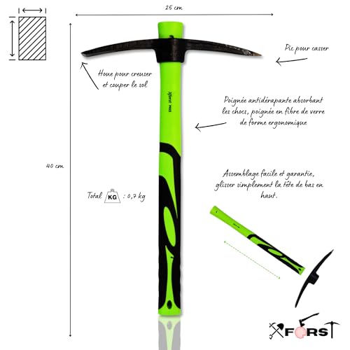 Xforst Spitzhacke + Schaufel als Gartenset für Gartenarbeit, Camping, Wandern, Schneeset und Strand. Gartenwerkzeuge aus Glasfasergriff und Kopf aus geschmiedetem Stahl. Modell X-PF40N & X-S800