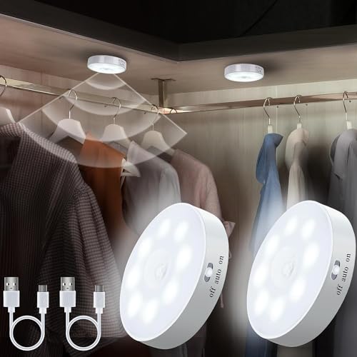 Image of ECOBSY Motion Sensor Light for Home Indoor Outdoor, Rechargeable Adhesive Led Night Light for Kitchen Cabinet Cupboard Stairs Wardrobe, Battery Operated, Automatic On Off (Round - Cool White, 2)