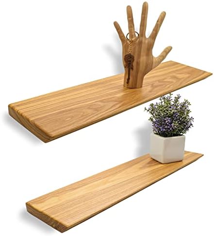 Wood Floating Shelves, 100% Ash Wood, Set of 2-Rustic Shelf 24" Wide Wooden Wall Shelves, Made in Europe, for Living Room Bedroom Kitchen Bathroom Farmhouse, Natural Color, 24 x 6.5 Live Edge