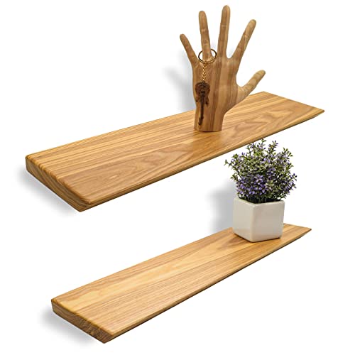 Wood Floating Shelves, 100% Ash Wood, Set Of 2-Rustic Shelf 24" Wide Wooden Wall Shelves, Made In Europe, For Living Room Bedroom Kitchen Bathroom Farmhouse, Natural Color, 24 X 6.5 Live Edge #TOP2
