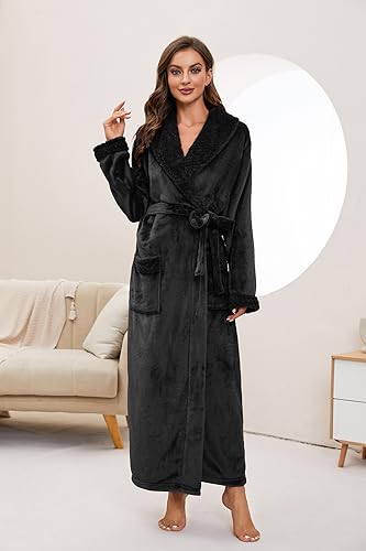 HEARTNICE Langer Bademantel Damen Fleece, Weiche Plüsch Morgenmantel für Frauen Warme Bademäntel Kuscheliger Hausmantel in voller Länge (Schwarz, L/XL)