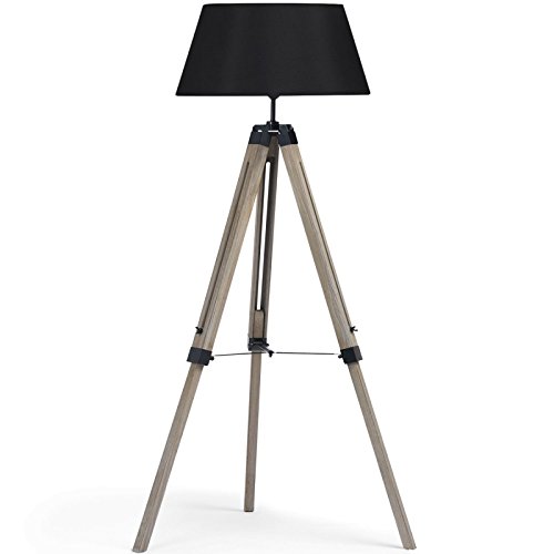 IDMarket - Lampadaire trepied Bois foncé réglable Noir